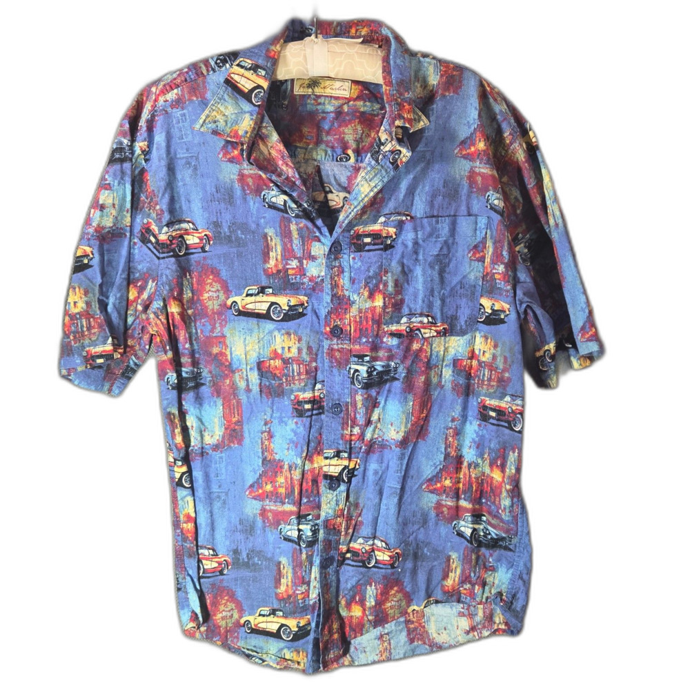 Joe Marlin Men's L Button Up Shirt Classic Cars Hot Rods Cotton AOP